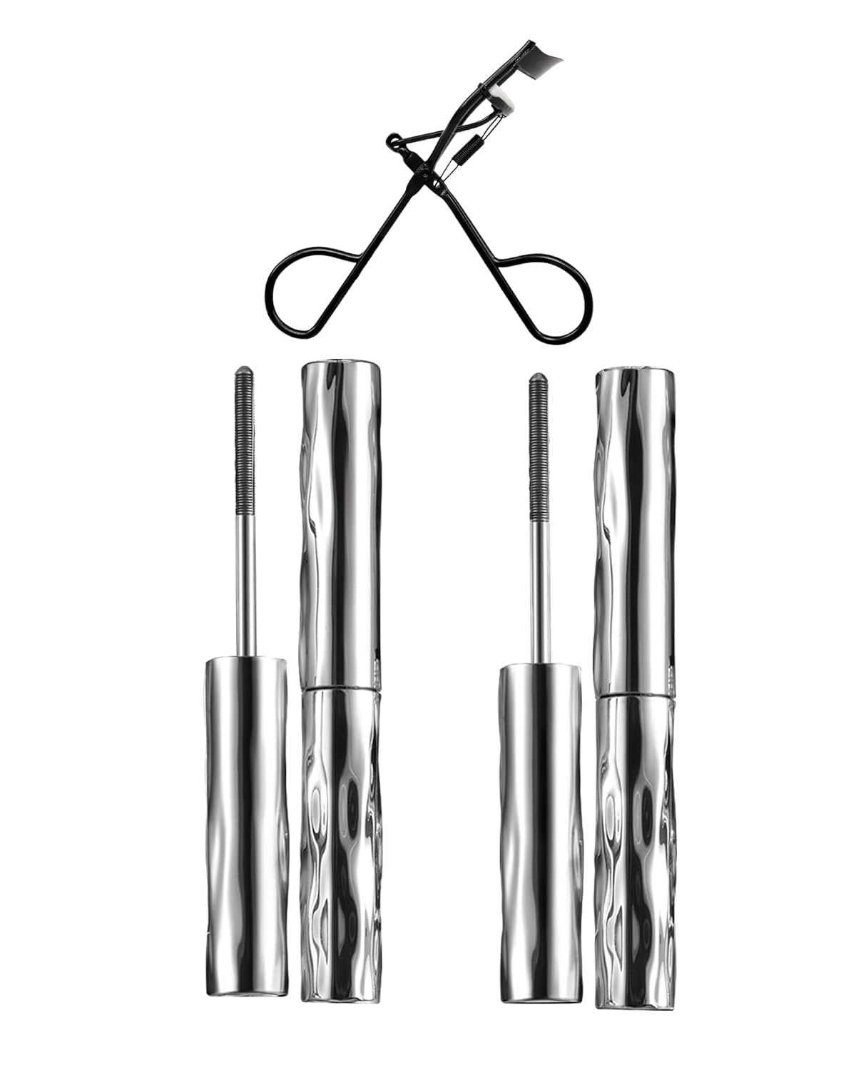 Iron Wand Mascara – Telescopic Tubing Mascara, Liquid Lash Extensions Effect, Waterproof & Long-Lasting, No Flaking, No Clumping, Curling Wand for Bold, Defined Lashes (2 Black + Eyelash curler)