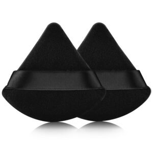 2 Pcs  Triangle Powder Puff for Face Powder, Soft Plush Setting Makeup Puff, Velour Cosmetic Foundation Blender Sponge Beauty Makeup Tools (Black)