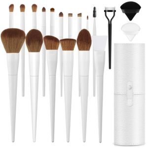 Makeup Brushes With Case 20PCs Professional Makeup Brush Set, Foundation Powder Eyeshadow Brush Set Eyebrow Concealer Contour Travel Brushes Kit with Holder & 2 Powder ff-White