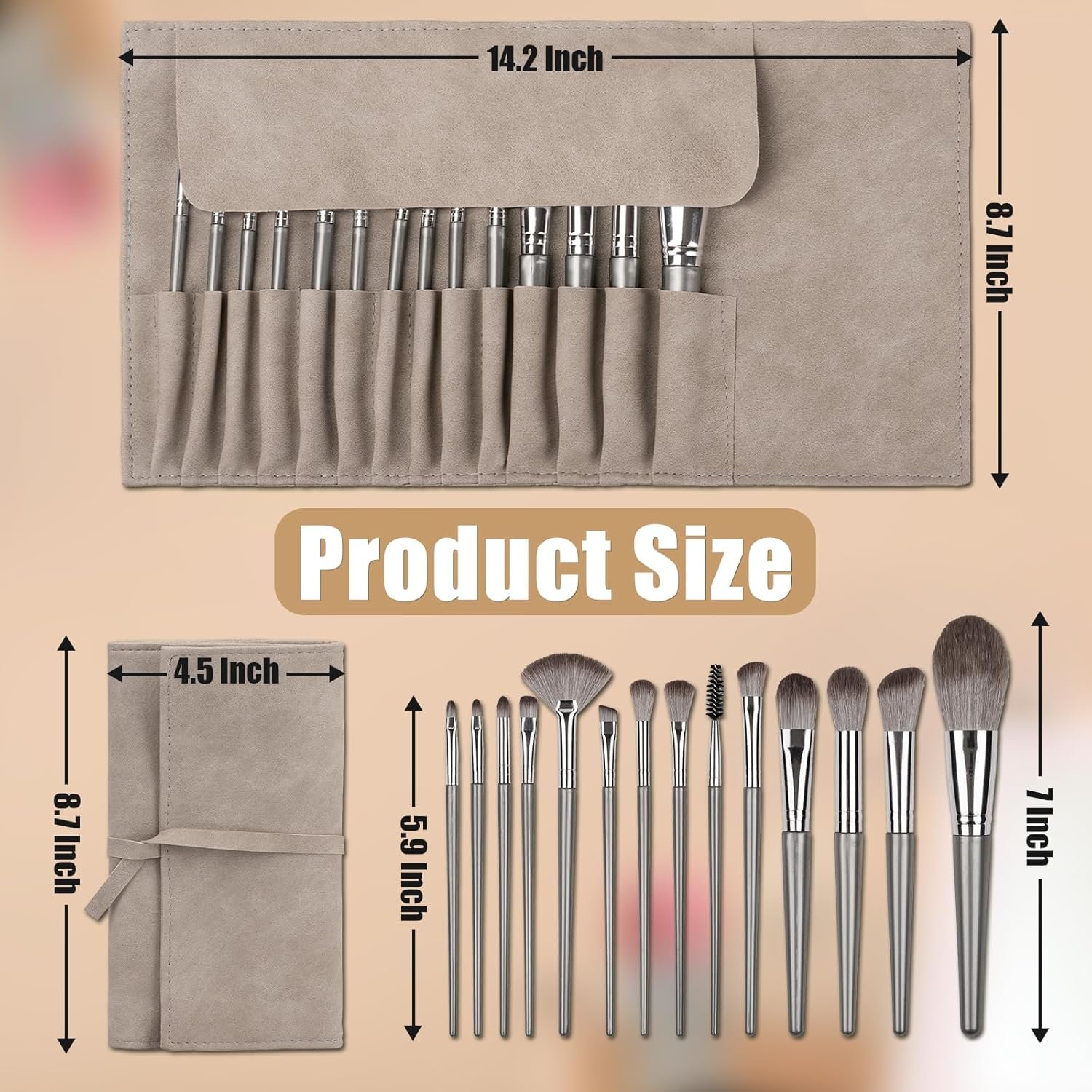 Makeup Brushes, 14 Pcs Professional Makeup Brush Set, Eye and Face Foundation Brush Set, Eyeshadow Brushes, Cosmetic Brushes, with Bag, Grayish - Image 2