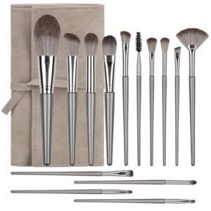 Makeup Brushes, 14 Pcs Professional Makeup Brush Set, Eye and Face Foundation Brush Set, Eyeshadow Brushes, Cosmetic Brushes, with  Bag, Grayish